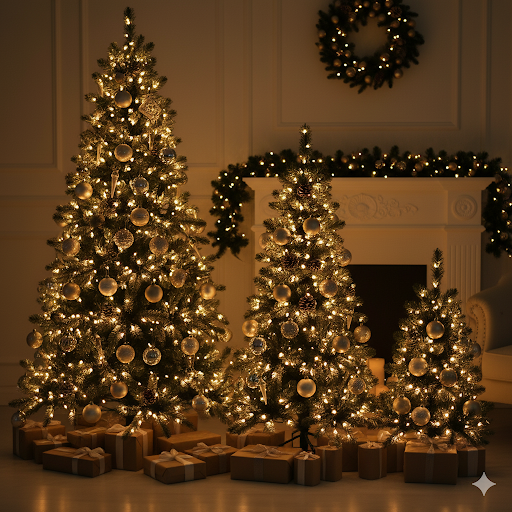 Complete Holiday Christmas Tree Set – 8ft, 6ft & 4ft Trees with Light Coating – Decorate Your Whole Home in One Bundle! Tree On Time